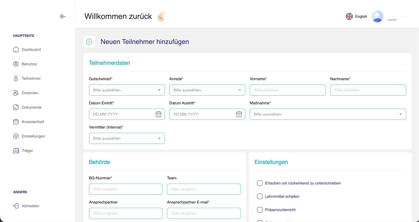 Teilnehmer-Anlage in Akademio mit Stammdaten, Behörde-Sektion und Einstellungen