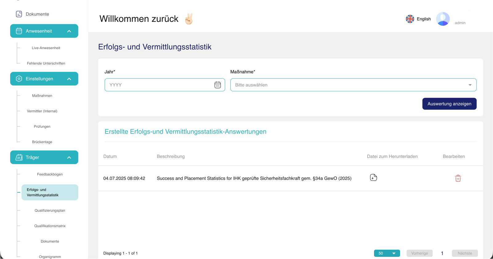 Erfolgs- und Vermittlungsstatistik in Akademio mit fertigem PDF-Export für IHK §34a GewO Sicherheitsfachkraft
