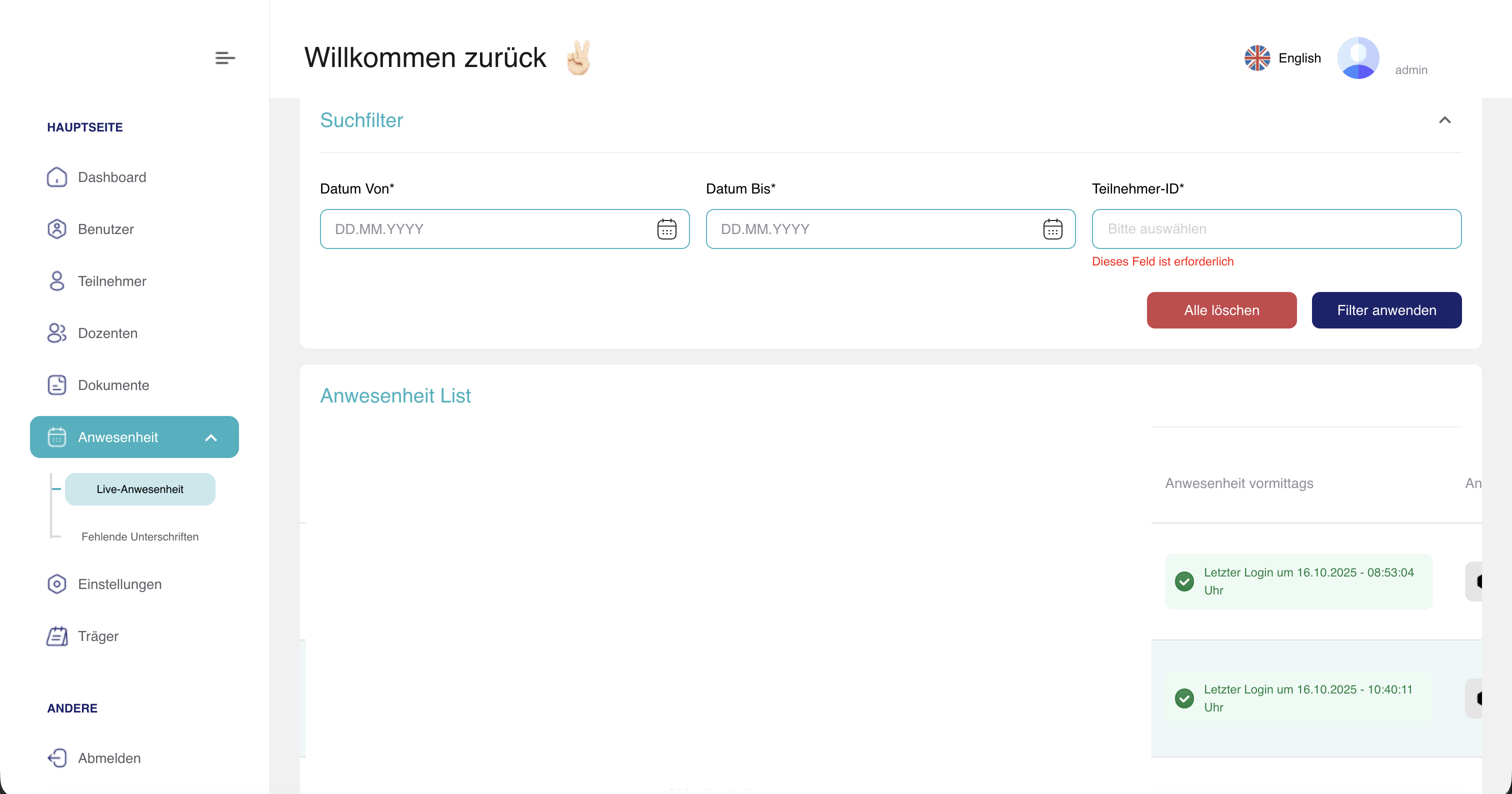 Live-Anwesenheits-Tracking in Akademio mit Suchfilter und Login-Zeitstempeln