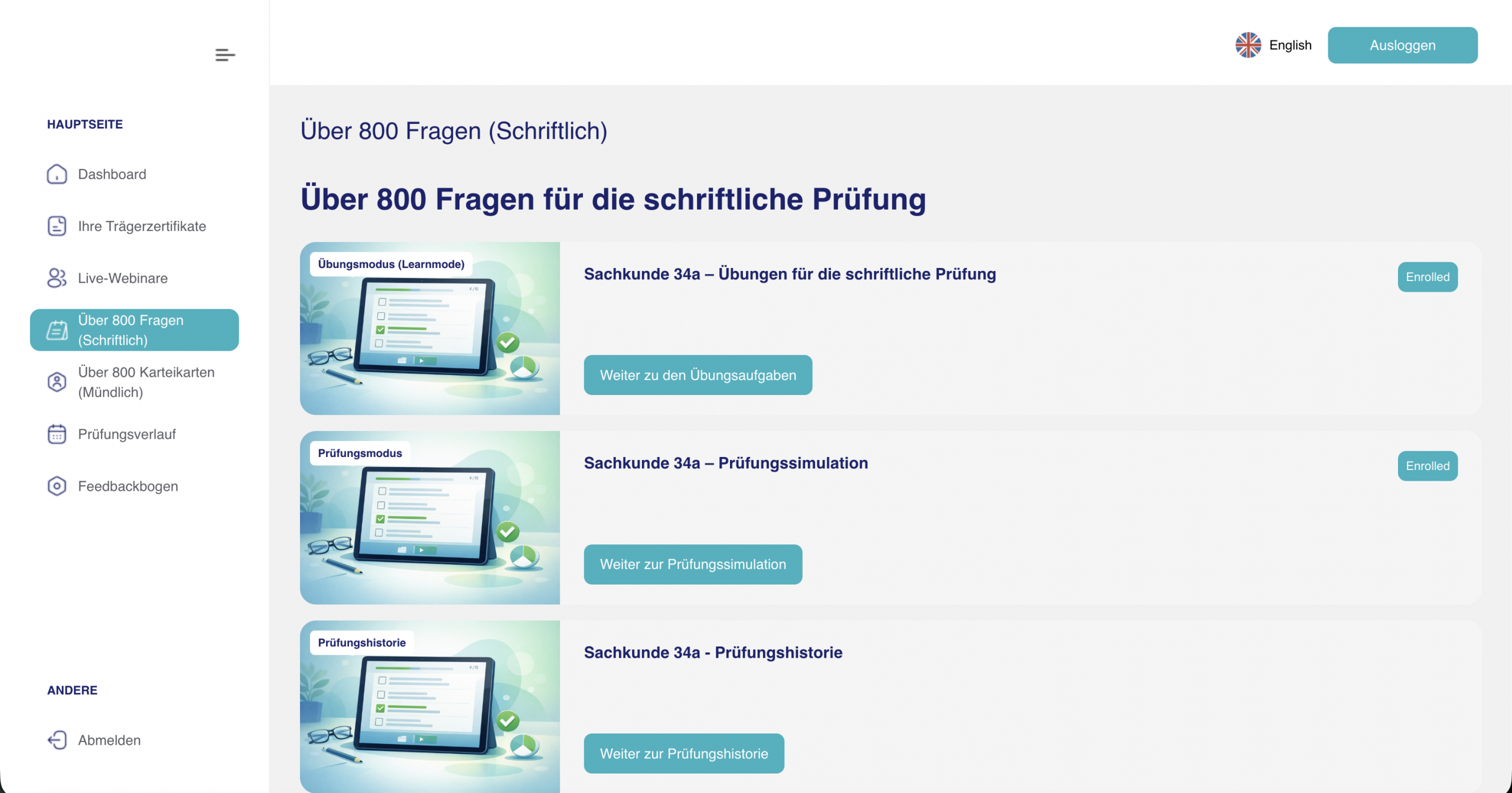 Akademio Lernplattform mit Über 800 Fragen für die schriftliche Prüfung Sachkunde §34a, Übungsmodus, Prüfungssimulation und Prüfungshistorie